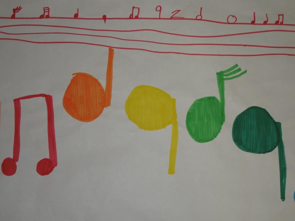 Student artwork of colorful music notes